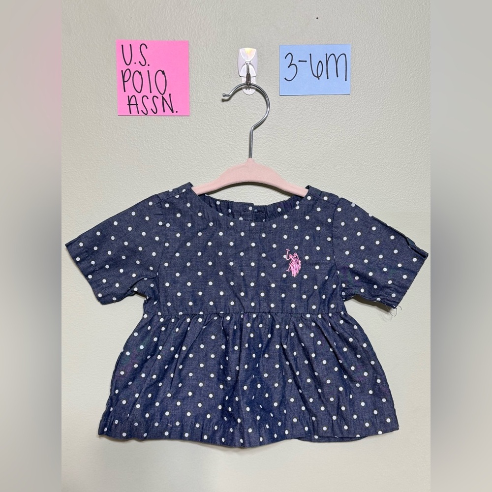 NWOT U.S. Polo Assn. Navy Infant Dress with White Dots and Pink Logo, 3-6M